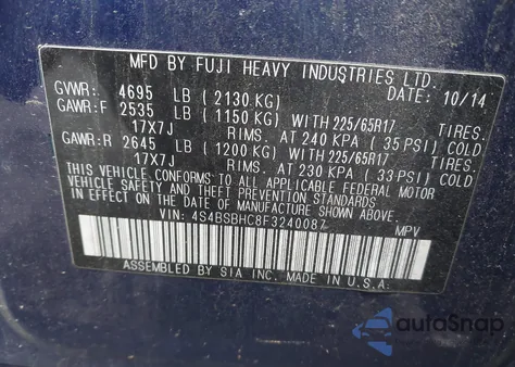 2015 Subaru Outback 2.5I Premium from USA, damaged, VIN 4S4BSBHC8F3240087